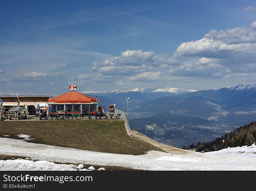 Bar and place for children of a ski resort abandoned by tourists in spring. Bar and place for children of a ski resort abandoned by tourists in spring