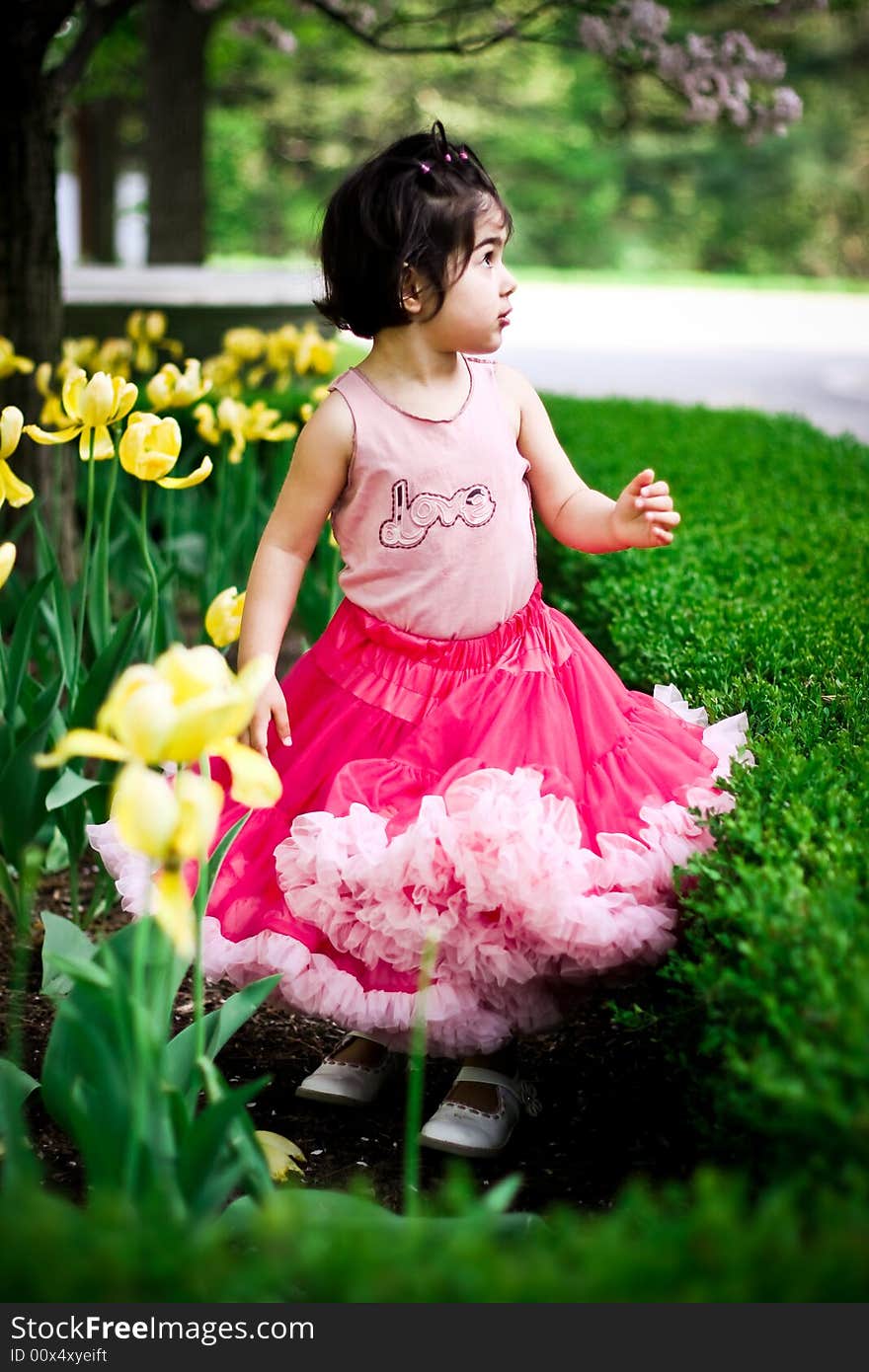 Cute girl in a flower garden wearing a cute pettiskirt. Cute girl in a flower garden wearing a cute pettiskirt