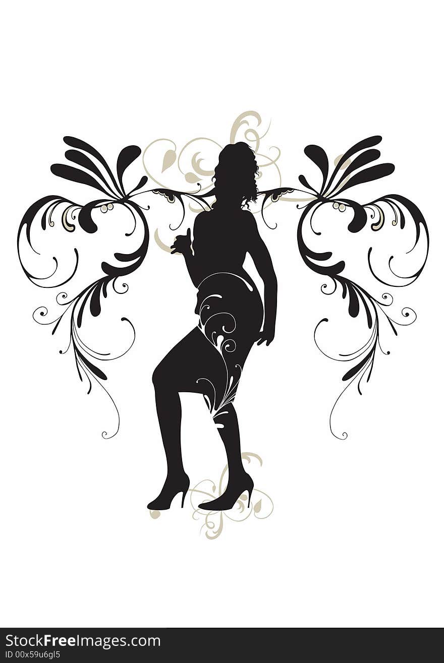 Illustration of a dancing woman and decorative patterns