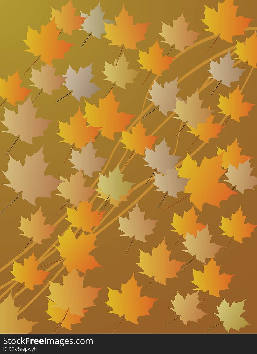 Abstract background with multi-autumnal colored maple leaves with flowing lines behind representing the winds of fall. Abstract background with multi-autumnal colored maple leaves with flowing lines behind representing the winds of fall