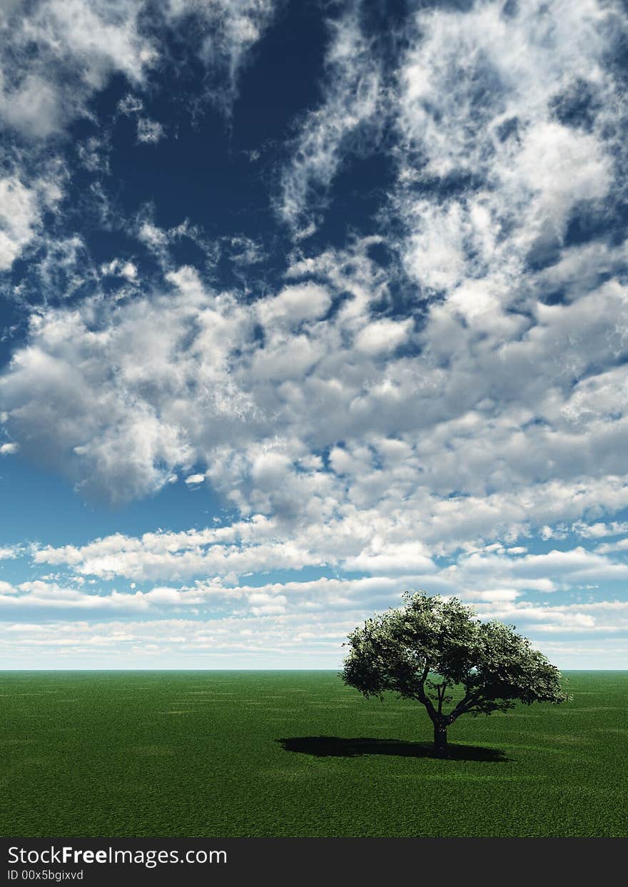 Alone tree and beautiful sky with clouds  - 3d landscape scene. Alone tree and beautiful sky with clouds  - 3d landscape scene.