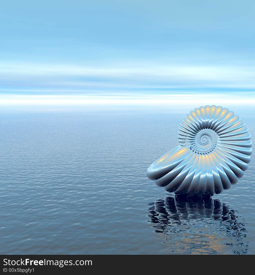 Shell on the sunset sea beach - 3d illustration. Shell on the sunset sea beach - 3d illustration.