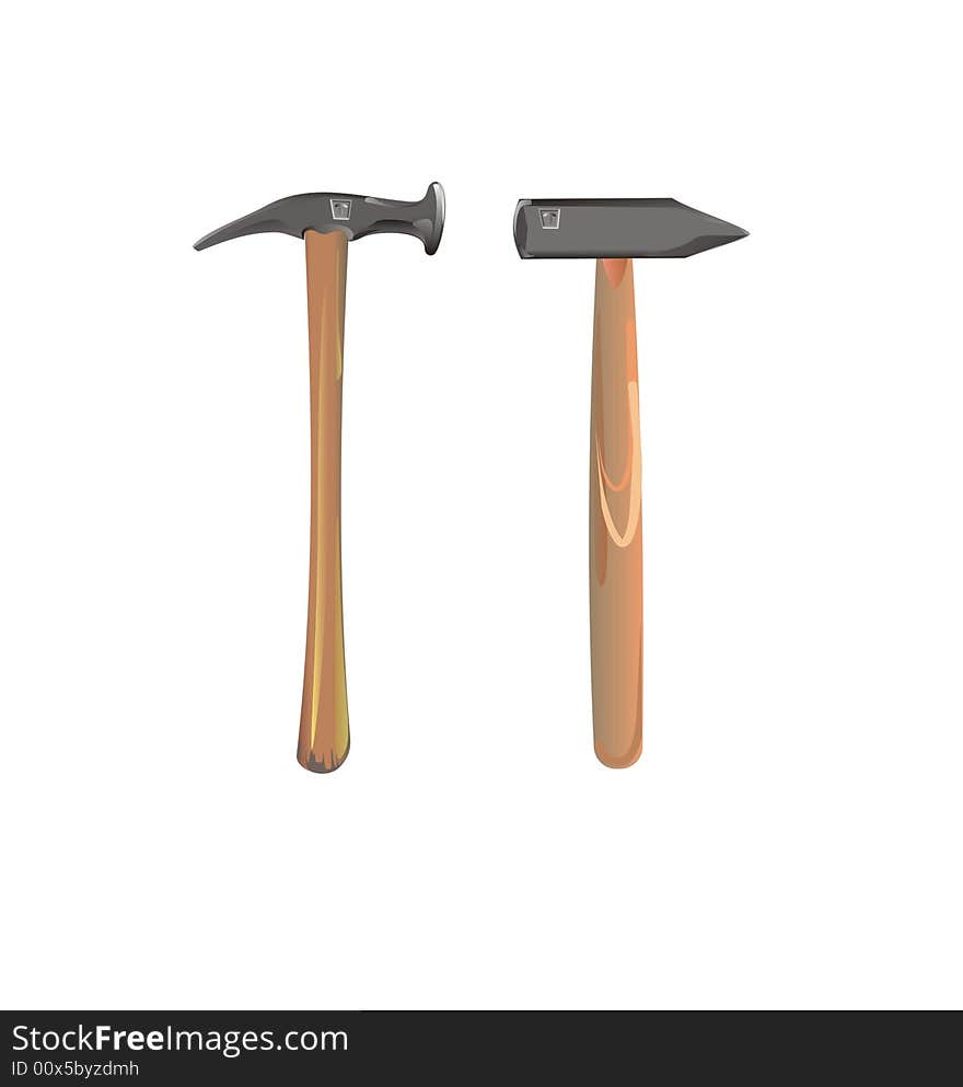 Two hammers with wooden handles and fictitious trade-mark on the white background at vector