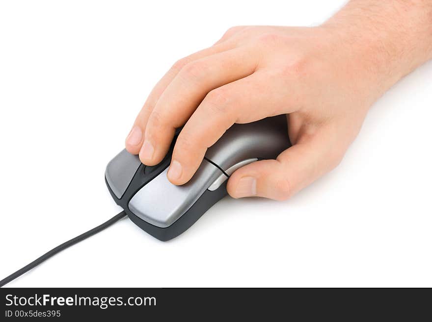 Hand and computer mouse, isolated on white background