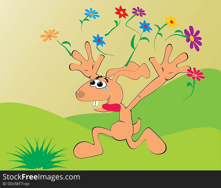 Happy rabbit whit flowers afield