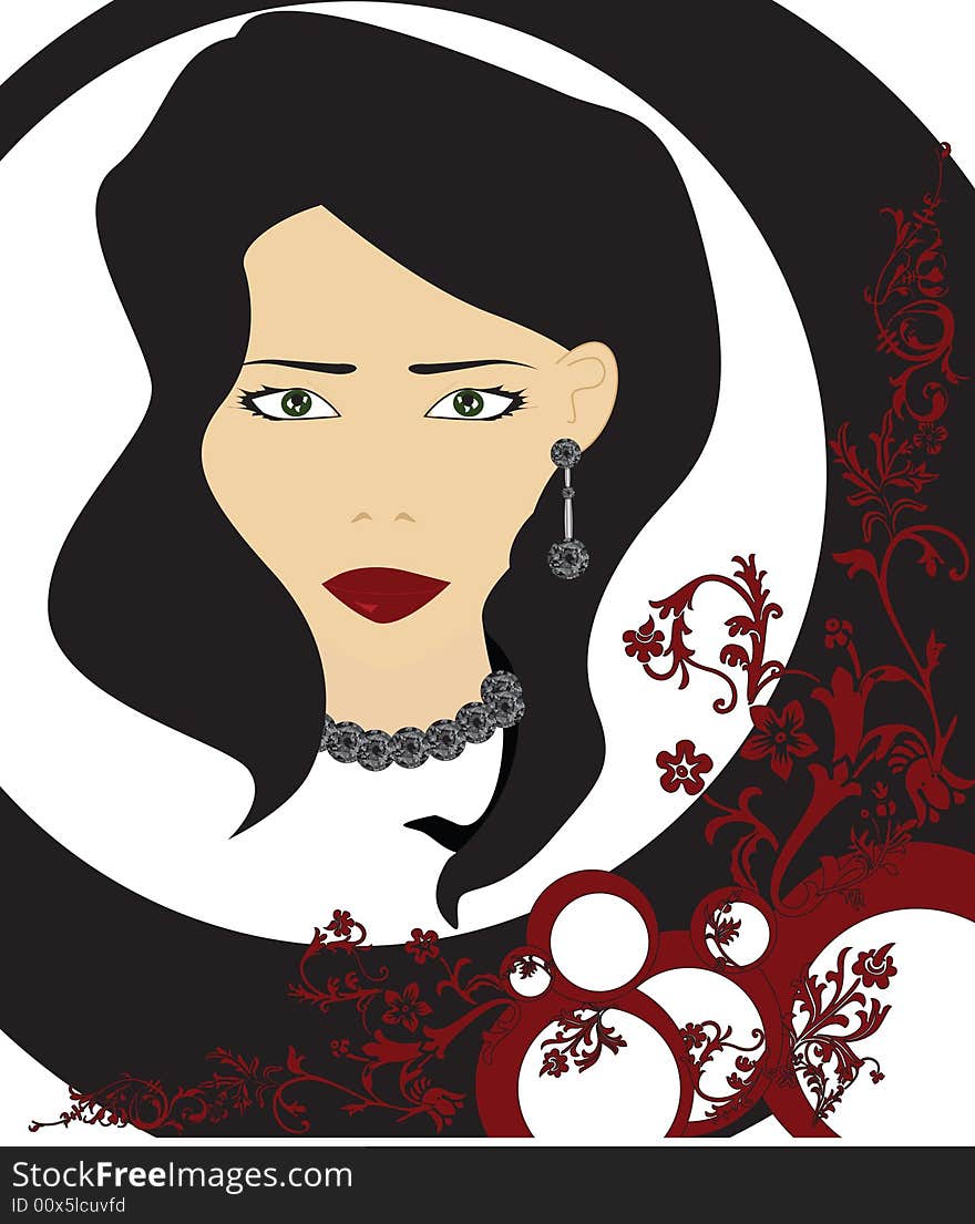 Stylized vector illustration of a woman's face with a diamond earring and necklace, with patterns around it. Stylized vector illustration of a woman's face with a diamond earring and necklace, with patterns around it.