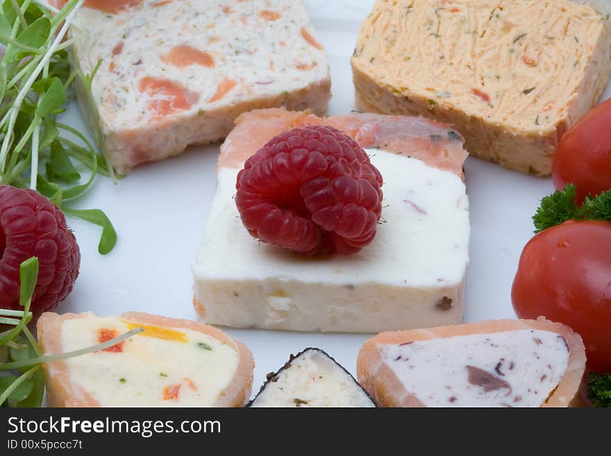 Decorated salmon cream appetizer with fruit