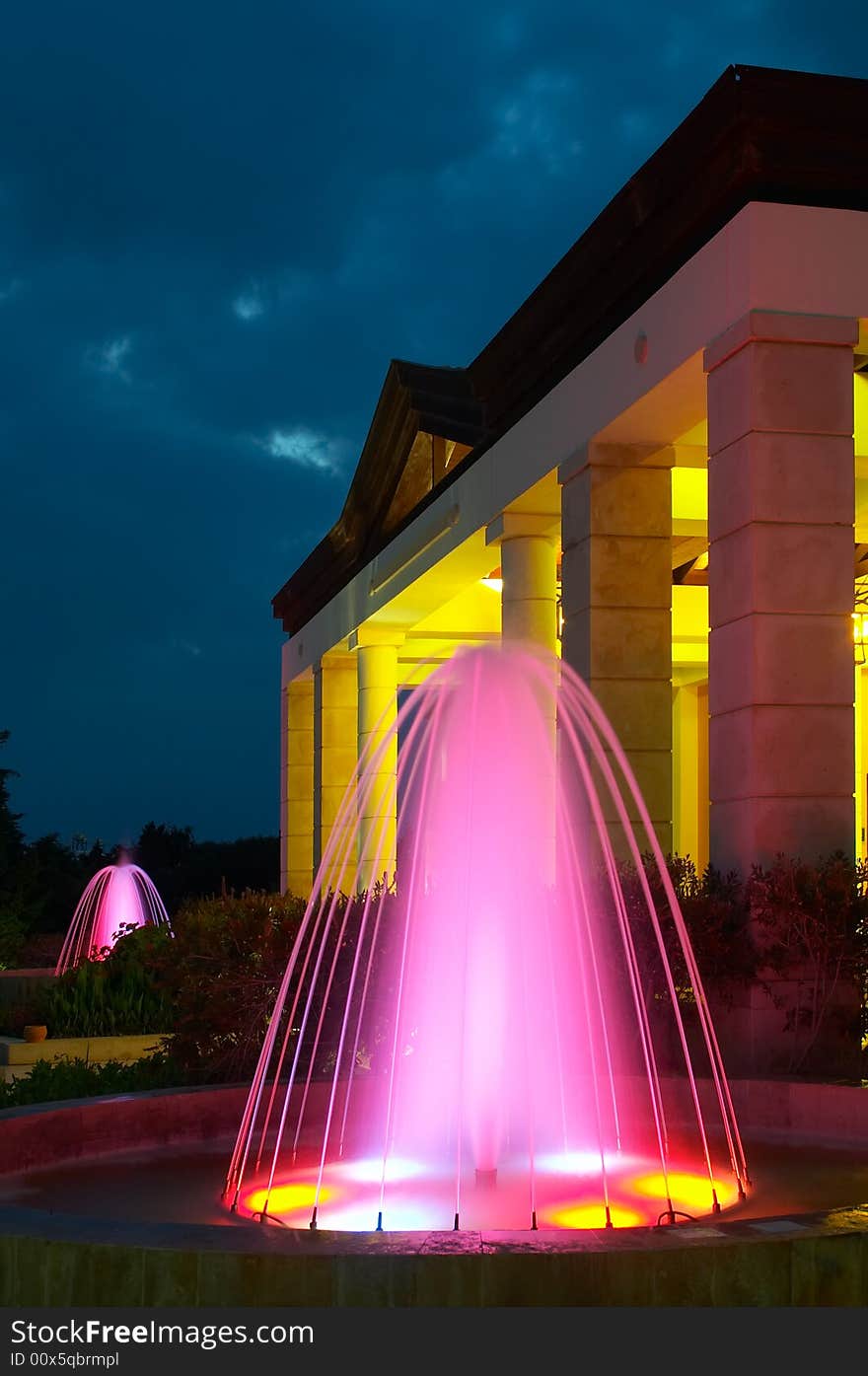 Pompous building ith column and illuminated fountains. Pompous building ith column and illuminated fountains