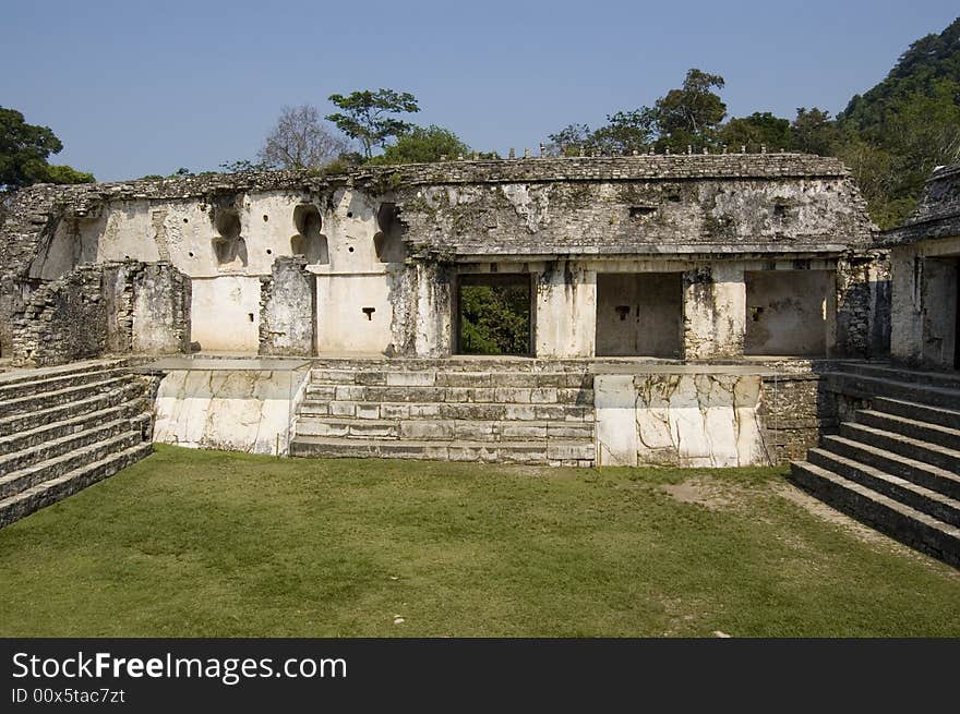 King Pakal castle detail showing the courtyard and main entrance at Palenque ruins. King Pakal castle detail showing the courtyard and main entrance at Palenque ruins