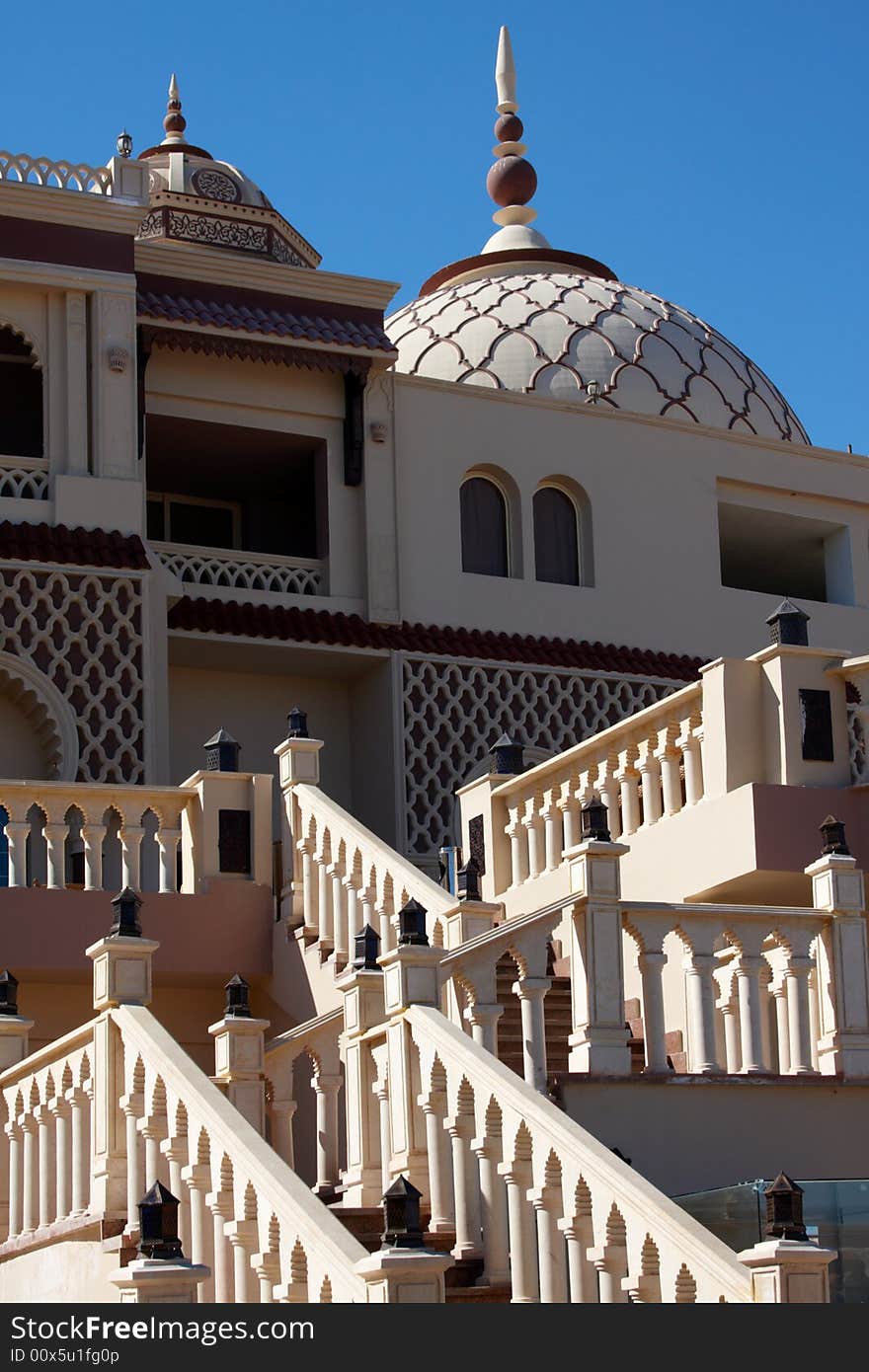 Detail of oriental building with columns and domes. Detail of oriental building with columns and domes