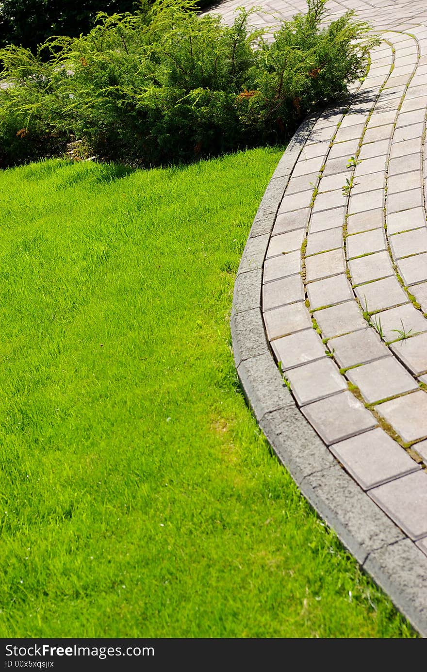 Garden stone path with grass growing up between the stones