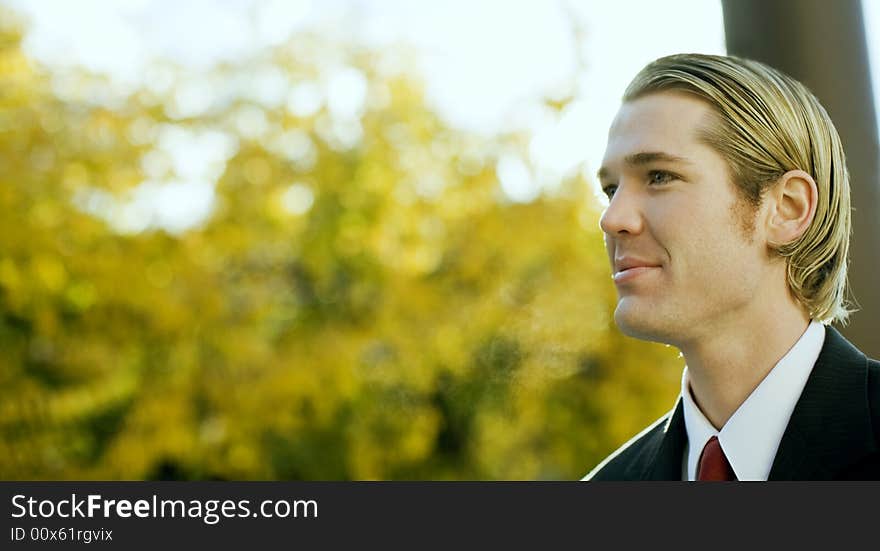 Portrait of young handsome blond hair blue eye businessman wearing suit and tie