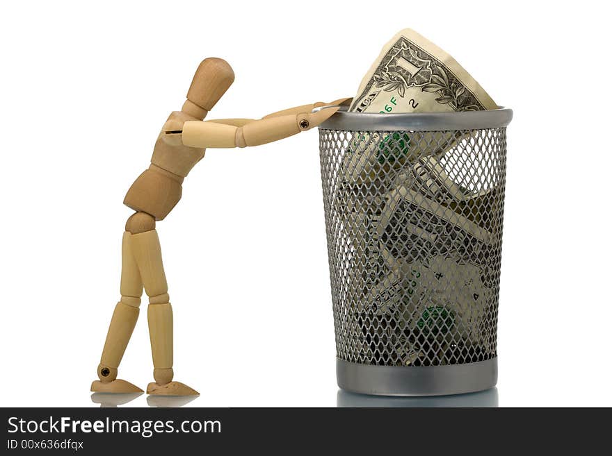 Manikin pushing mesh trash bin with dollar inside
