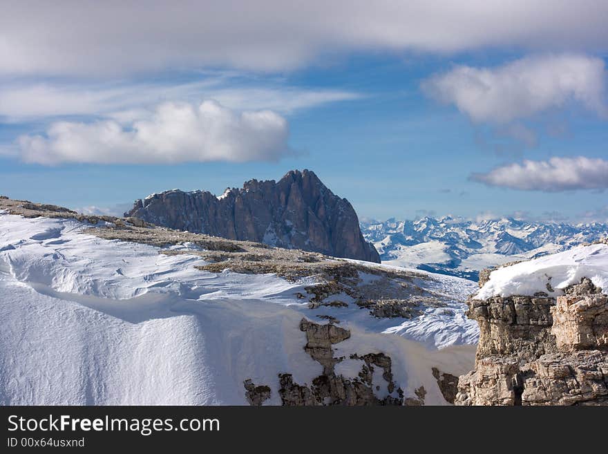 Beautiful winter mountain landscape panorama in Italian Dolomites