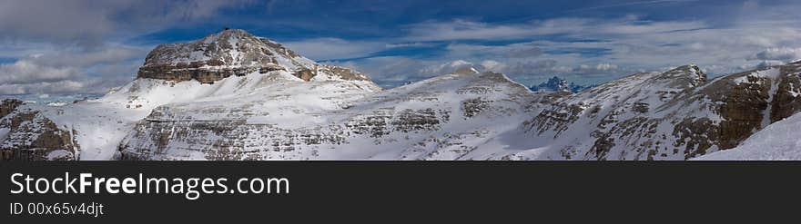 Beautiful winter mountain landscape panorama in Italian Dolomites