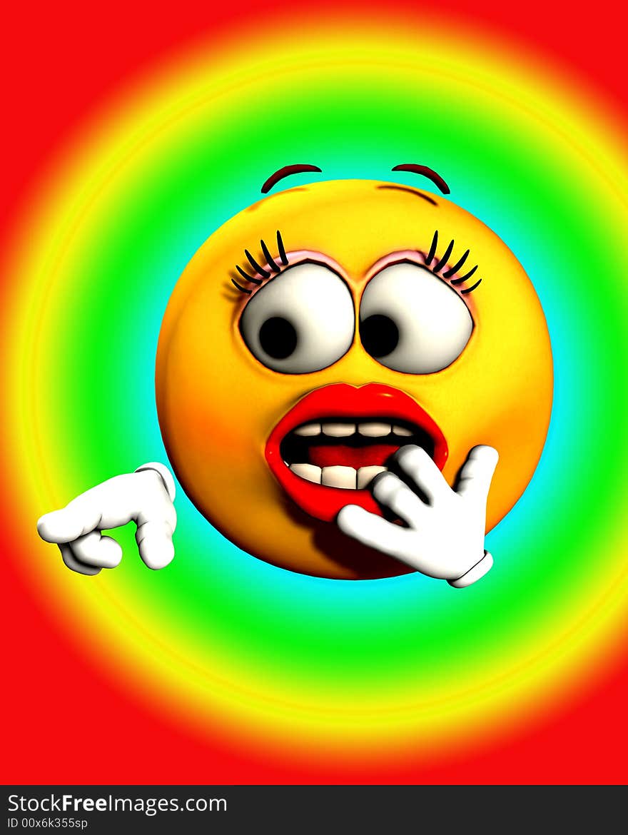 An image of a very shocked female cartoon face, who is pointing.