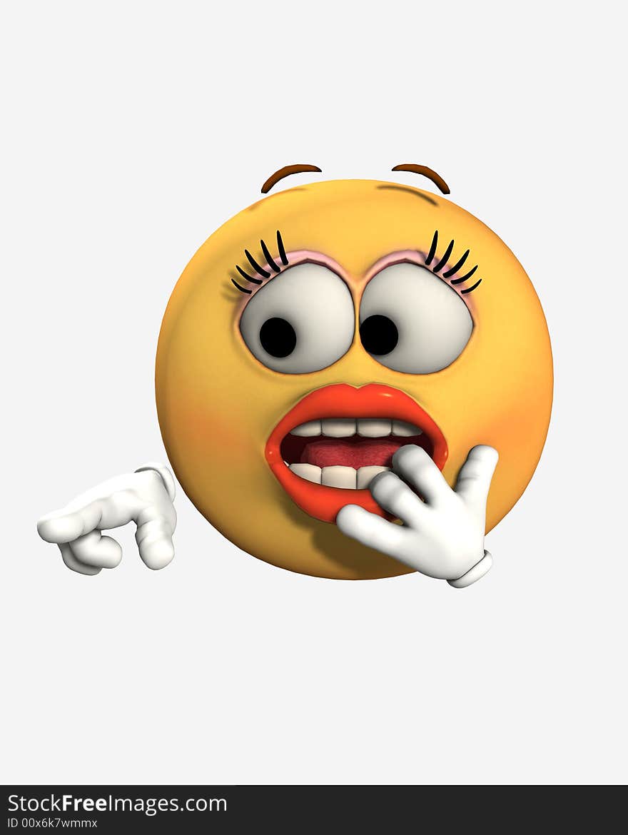 An image of a very shocked female cartoon face, who is pointing.