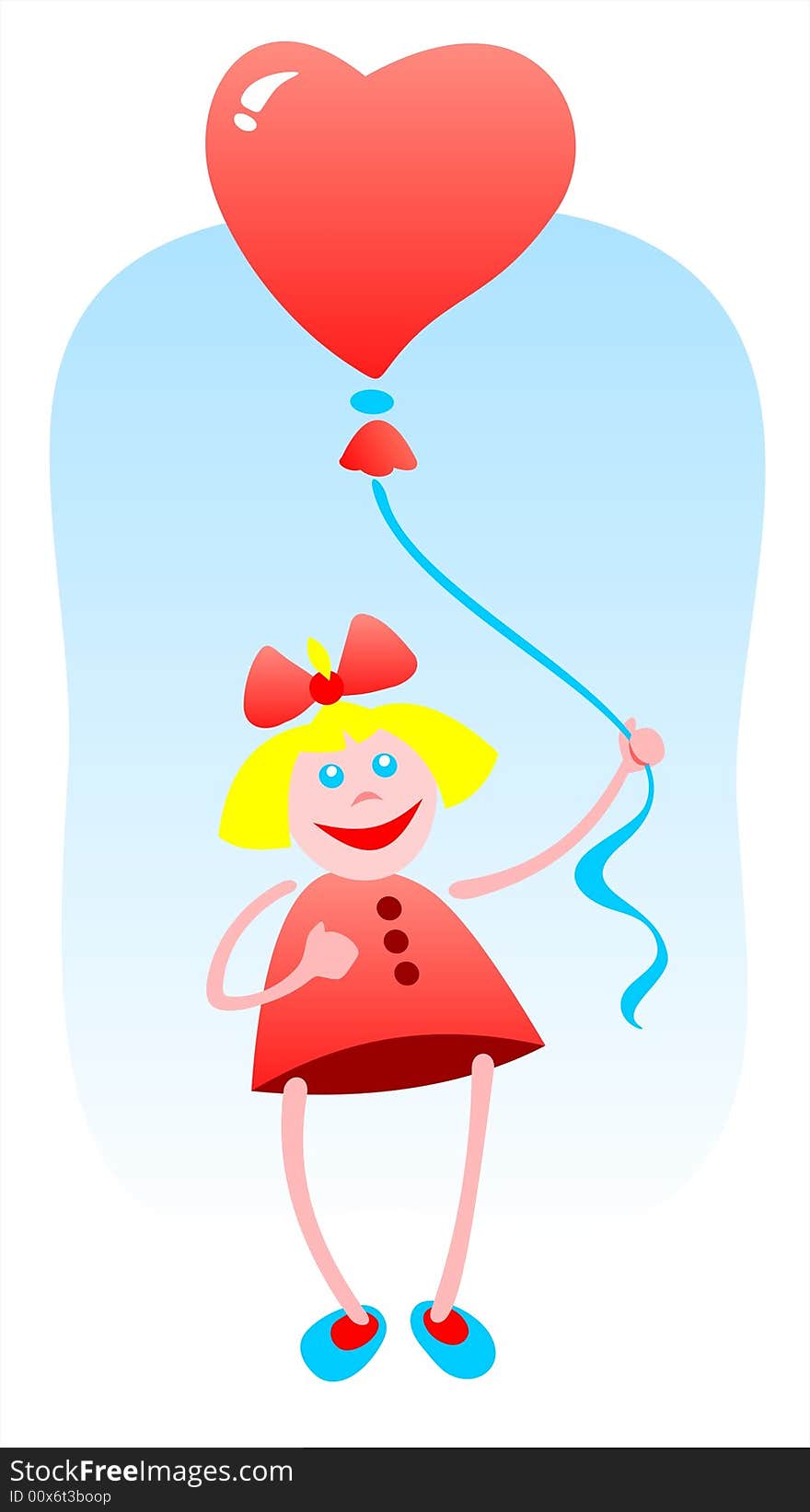 Cartoon little girl and balloon on a blue sky background.