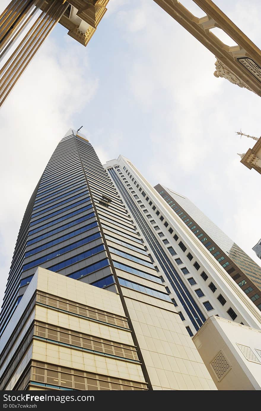 A view from below of Singapore's business district. A view from below of Singapore's business district