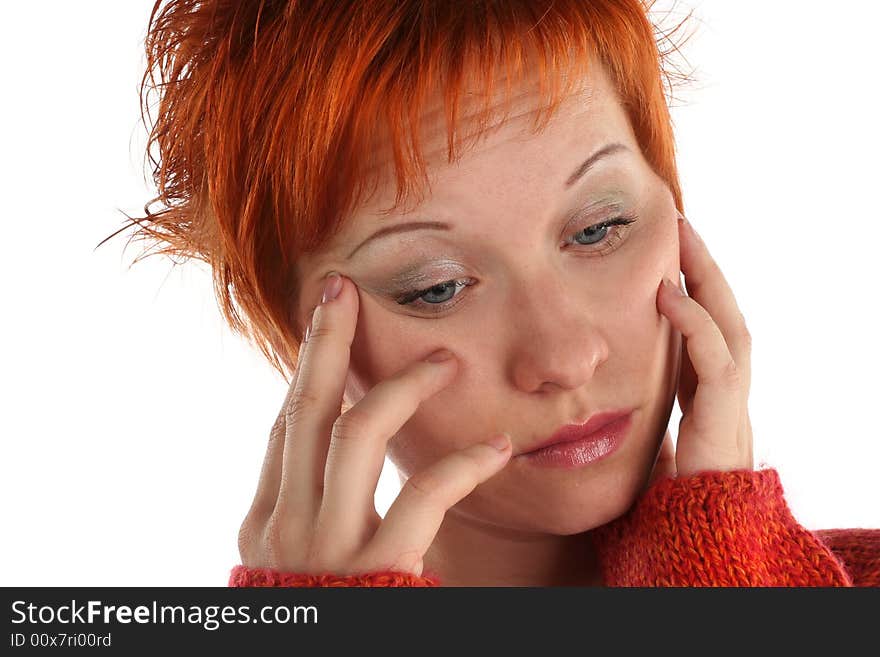 Sad red haired woman isolated on white background