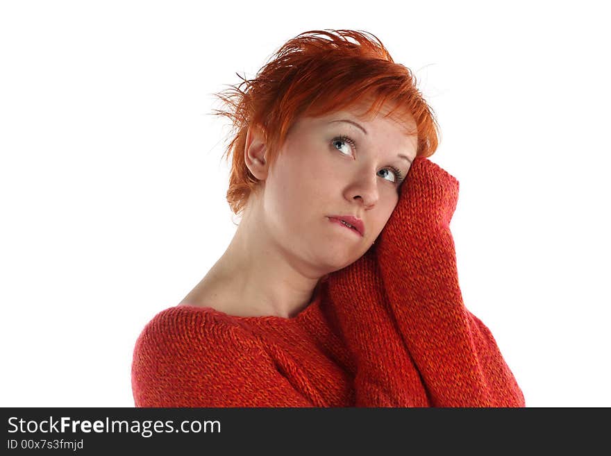 Sad red haired woman isolated on white background