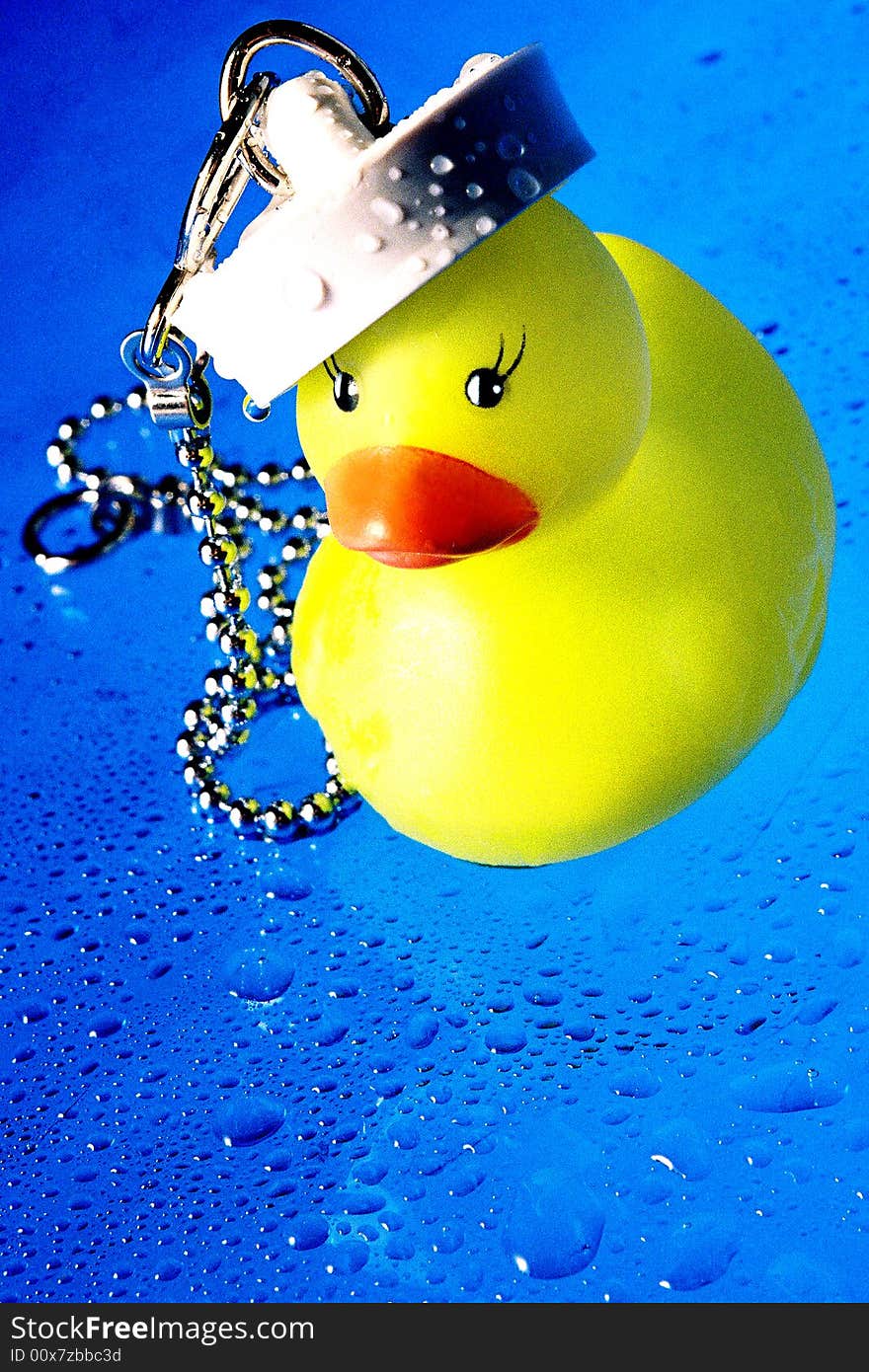 A colourful image of a rubber duck with a bath plug on his head that makes him look like a sailor ducky. the background is blue and is covered with little droplets