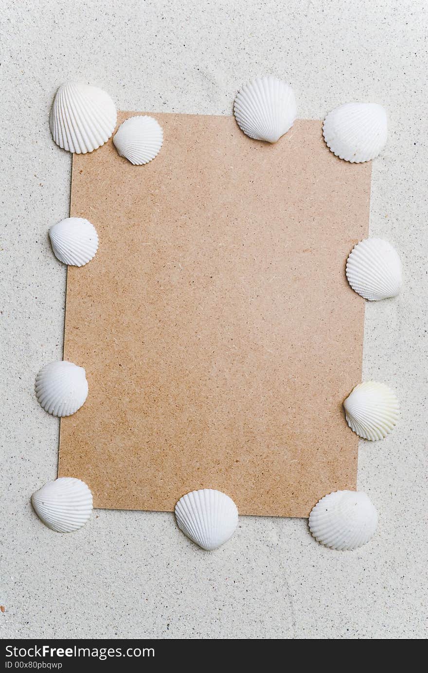 Rough cardboard with seashells on coral sand