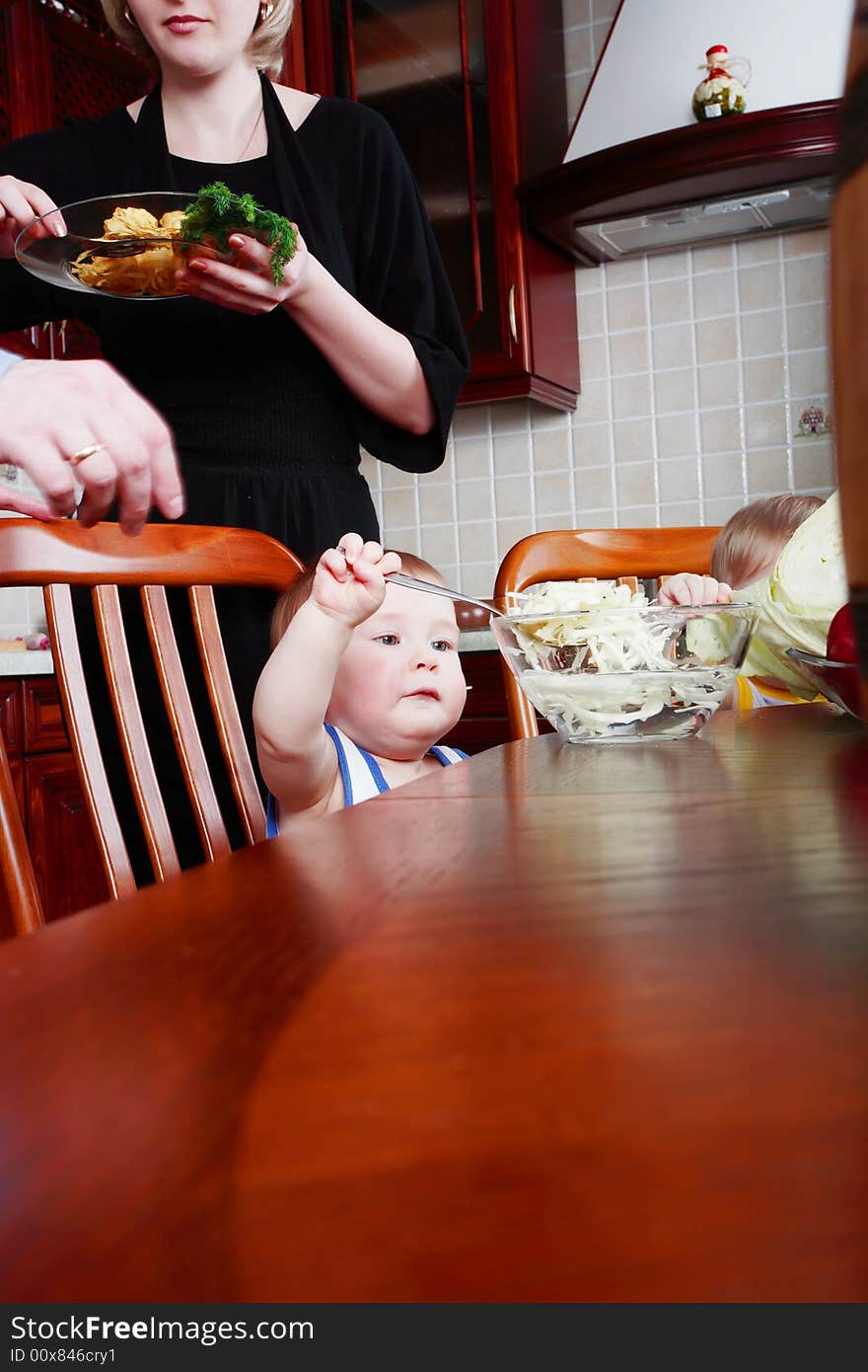 Father Mother and children: family lunch. Father Mother and children: family lunch