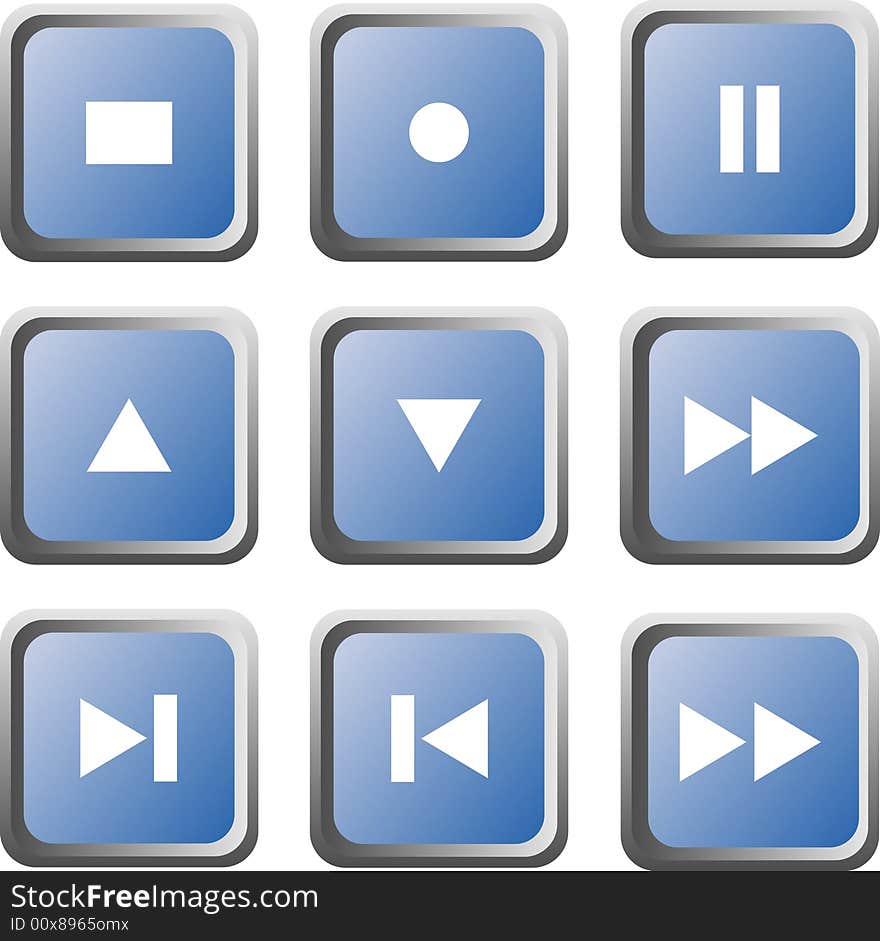 Set of nine blue web buttons depicting multimedia/audio/video player elements; isolated. Set of nine blue web buttons depicting multimedia/audio/video player elements; isolated