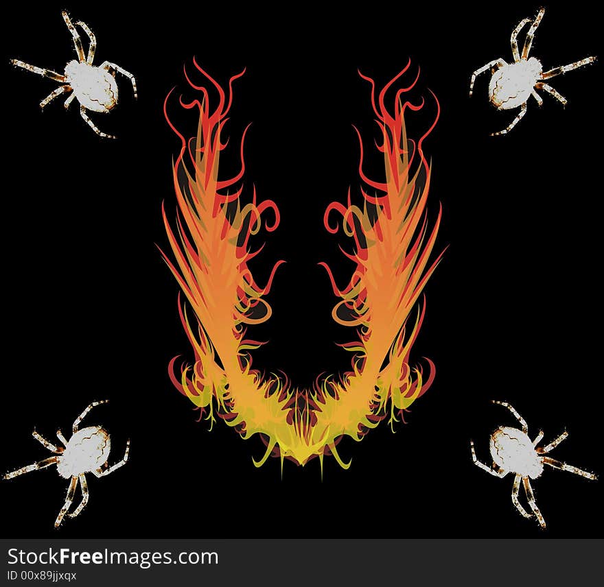 Photo with the image of four spiders on corners and fire in the middle. Photo with the image of four spiders on corners and fire in the middle