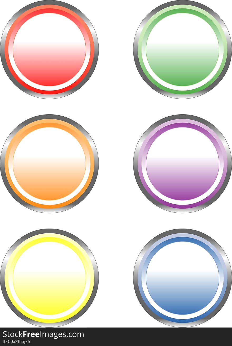 Set of six circle-shaped web buttons in bright colors, glossy effect. Set of six circle-shaped web buttons in bright colors, glossy effect