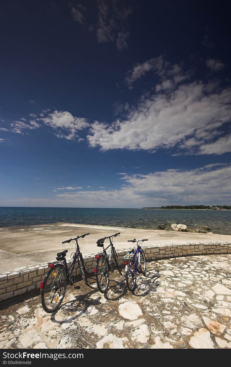 Three bicycles parked at the edge of a sea