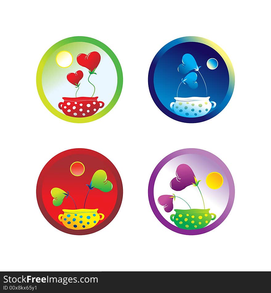 Different emotion hearts growing in flowerpots icon set. Different emotion hearts growing in flowerpots icon set