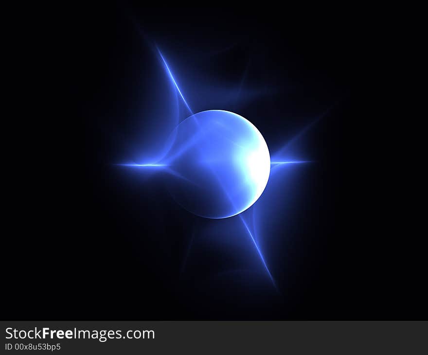 A blue sphere with points of light and what appears to be a light source of the sun. A blue sphere with points of light and what appears to be a light source of the sun.