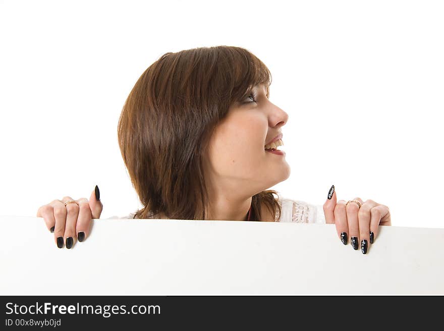 Close-up. Beautiful woman holding a billboard. Isolated on white