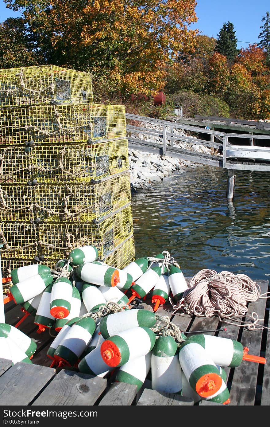 Lobster boxes on pier in Maine. Lobster boxes on pier in Maine