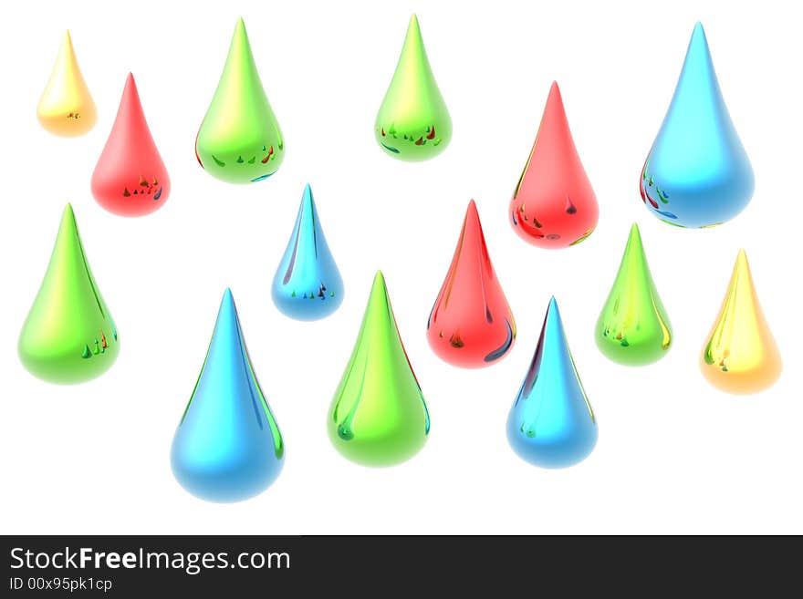 Color water drops isolated in white background