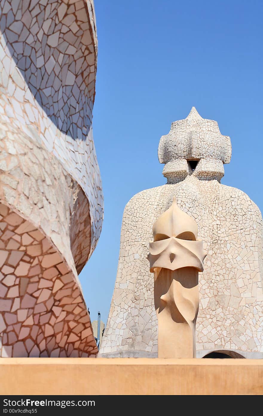 Abstract sculptures on the roof La Pedrera (Milà House) in Barcelona, Spain created by Antonio Gaudi. These sculptures are the chimneys of the apartment building