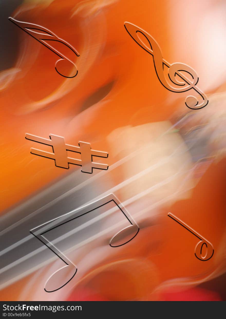 Musical notes float over blurred violin background. Musical notes float over blurred violin background