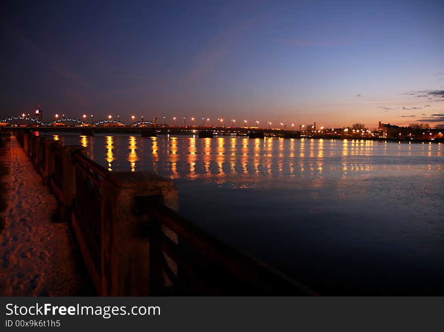 River Daugava,night Riga,mirror