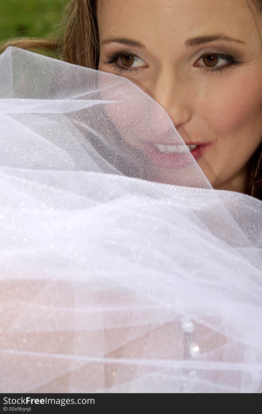 A bride with her face behind her veil