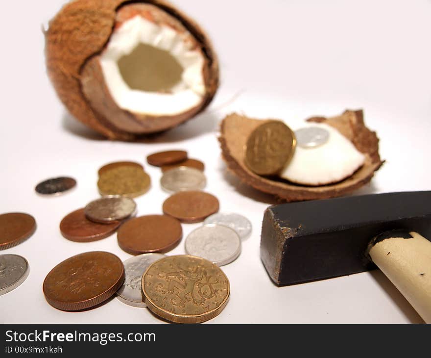 Unexpected a surprise a treasure in a coco which have broken a hammer and have found out there coins. Unexpected a surprise a treasure in a coco which have broken a hammer and have found out there coins