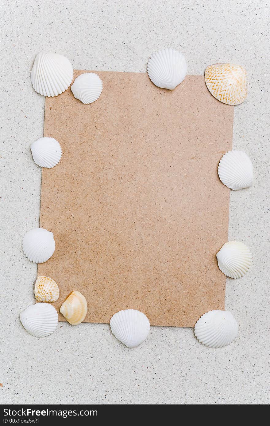 Rough cardboard with seashells on sand