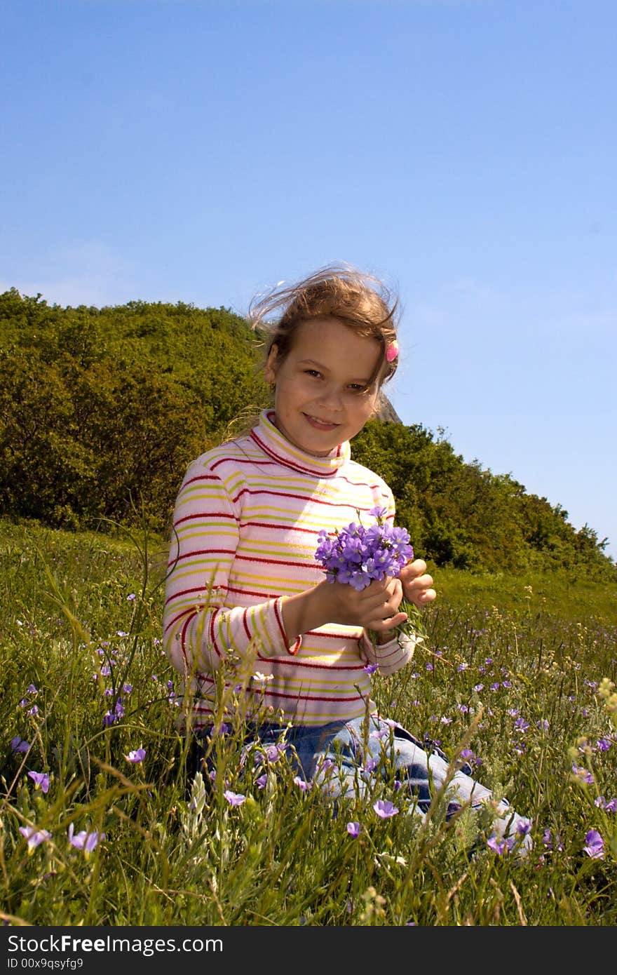 Little girl collect blue flowers. Little girl collect blue flowers