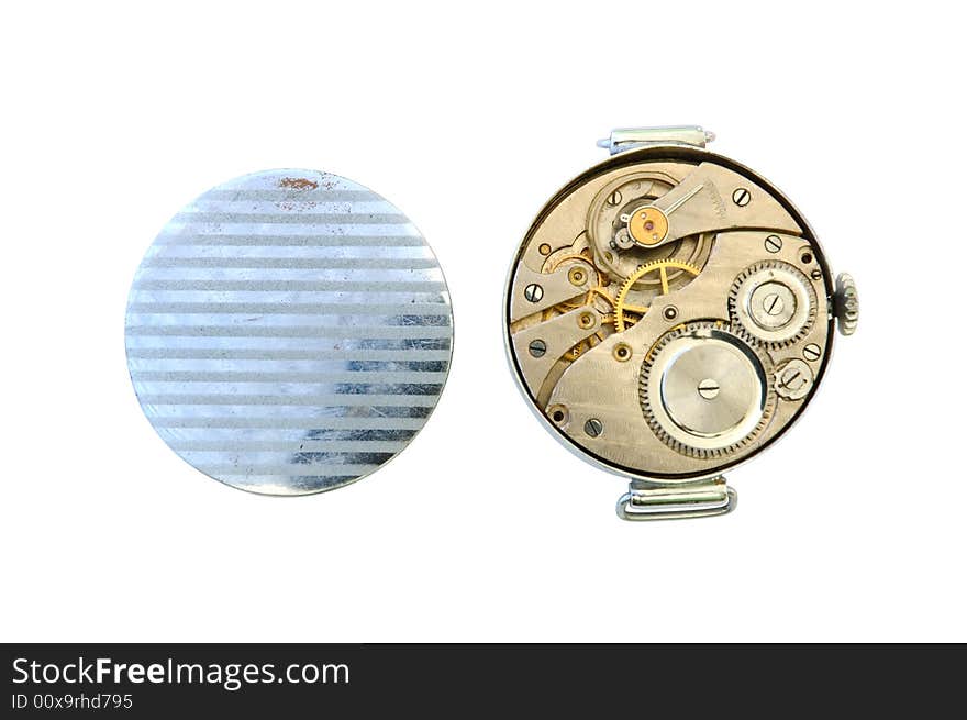 Old watch with open other side (clockwork) on overwhite background. Old watch with open other side (clockwork) on overwhite background.