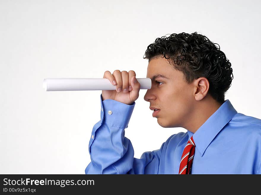 Young man looking for options through a paper scope