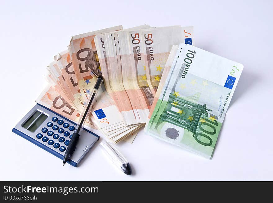 Euro banknotes on a white background.