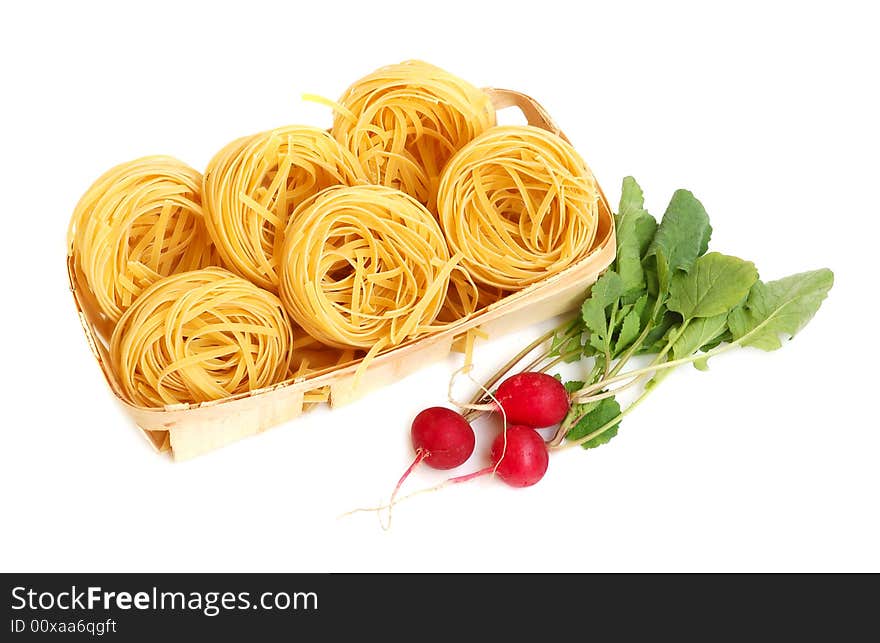 Uncooked macaroni and radish