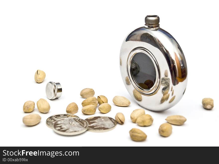 Flask of cognac on a white background