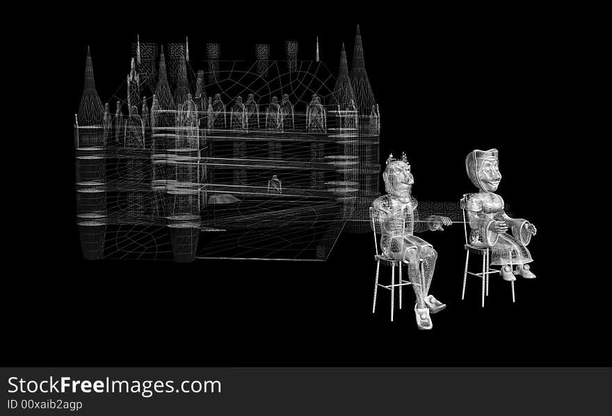 Render of white wire castle , queen and king behind them. Render of white wire castle , queen and king behind them